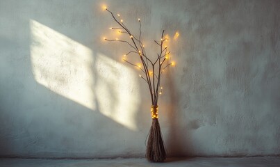 Wall Mural - Witch's broom adorned with glowing garlands