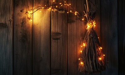 Wall Mural - Witch's broom adorned with glowing garlands