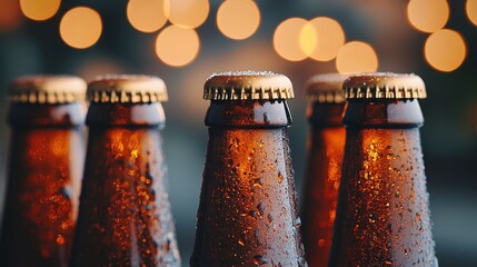 Canvas Print - Five ice cold brown beer bottles are sweating with condensation against a festive backdrop of blurry string lights, creating a perfect scene for a summer celebration or a night out at the bar