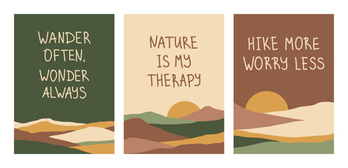 Set vertical cards with quotes and landscapes. Hiking, travel adventure postcards. Hand drawing lettering typography. Dunes, mountains, sky, moon in earth colors. Printable camping posters