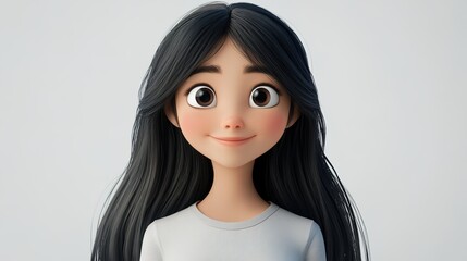 
A 3D cartoon of a smiling Asian girl with long black hair