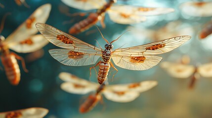 Sticker -   Close-up of a swarm of mosquitoes flying in the air, with a hazy background of mosquitoes