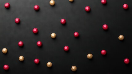 Wall Mural -   Black surface with red and gold candies arranged in clusters, while white and gold candies are strewn about