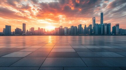 Empty square floor and city skyline with modern buildings at sunrise -