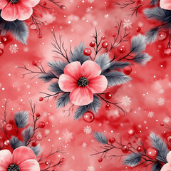 Wall Mural - Pink Christmas holly flowers, icy snowy scene in winter, red and pink color tones. Seamless pattern