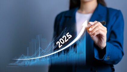 Businesswoman draws a rising arrow graph of the company in the future to 2025. Planning opportunities, challenges and new business strategies, goals, plans and vision for 2025.