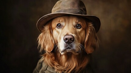 Sticker -   A golden retriever in a green jacket and brown hat on its chest