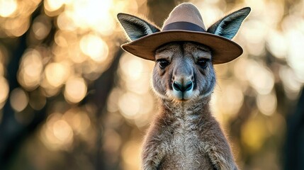 Sticker -   A sharp focus on a kangaroo donning a hat and gazing directly at the viewer, set against a crisp backdrop of rustling foliage