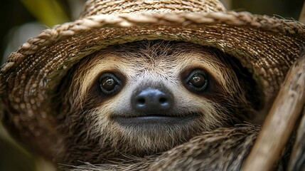 Canvas Print -   A close-up image of a sloth wearing a straw hat atop its head, with a tree branch positioned in the foreground