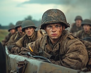 A man in a military uniform is sitting in a truck with other soldiers