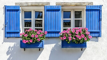 Sticker -   Blue shutters adorn two windows, flanked by pink flowers in window boxes on a building's side