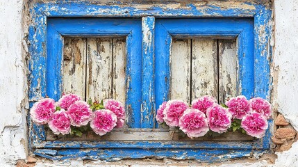 Sticker -   A collection of vibrant pink blossoms resting on a wooden windowsill, adjacent to a weathered blue door with chipped paint