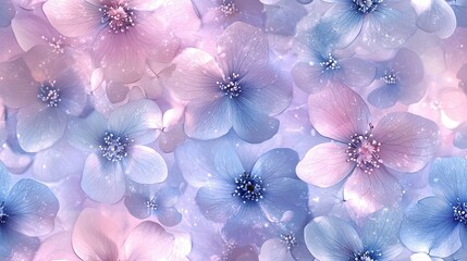 Poster -   A photo of numerous blue and pink flowers on a pink and blue backdrop, with water droplets on the petals