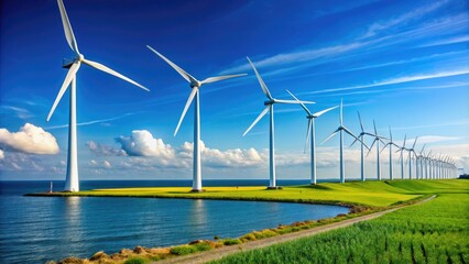 A sleek, modern wind turbine farm stands against a vibrant blue sky near Copenhagen, showcasing Denmark's commitment to innovative, sustainable energy solutions.