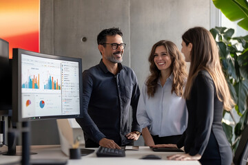 Wall Mural - Three diverse business professionals working together in an office, one man and two women standing around the desk with a computer screen showing digital marketing graphics while smiling at each other