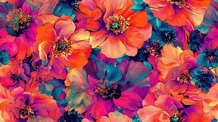 Poster -   A wall of colorful flowers amidst various hues of pink, blue, red, and green background