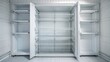 © Four888 - A stark, white refrigerator stands ajar, revealing empty shelves, wire racks, and bare walls, symbolizing scarcity, hunger, or a need for replenishment.