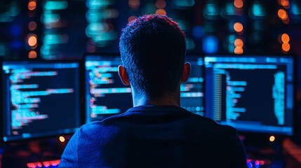 A focused programmer working in a dimly lit environment, surrounded by multiple screens displaying intricate code and data.