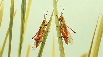 Wall Mural -   Two grasshoppers perched atop a towering green foliage, basking in sunlight on a bright afternoon