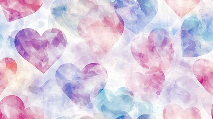 Poster -   Many watercolor heart shapes on a white background with shades of pink, blue, purple, and red