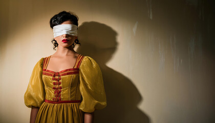 An illustration of a young woman wearing a Victorian dress is blindfolded in a bare room with muted colors