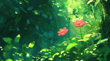 Sticker -   A pair of vibrant red blossoms perched atop a verdant sea of tall grasses, framing a sprawling emerald woodland brimming with countless olive-green