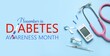© Pixel-Shot - Awareness ribbon, insulin, glucometer and stethoscope on light blue background. Banner for Diabetes Awareness Month