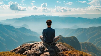 Back view of a man sitting on a mountain ridge. The serene hiker has reached his goal. Beautiful scenery from a height. Active lifestyle. Illustration for cover, postcard, interior design, etc.