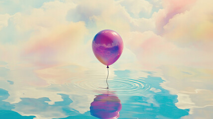 Wall Mural -   A balloon glides above a water body, casting a sky reflection onto its surface