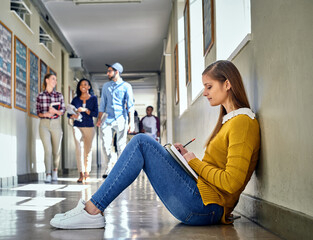 Canvas Print - University, girl and studying in floor in corridor for education, learning and preparing for exam. Campus, student and female person with book in hallway for academy, knowledge and writing test notes