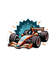 Wall Mural - Illustration of an orange race car breaking the sound barrier, with a blue and black sound wave behind it.