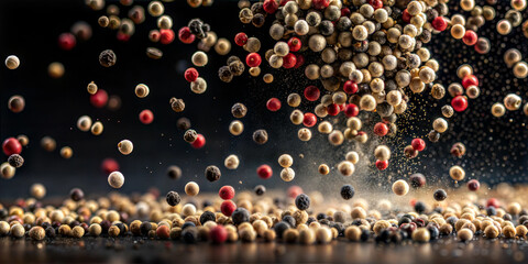 Wall Mural - Bright peas of white, black and red pepper falling in the air on a black background. Macro photography. Collection of oriental spices.