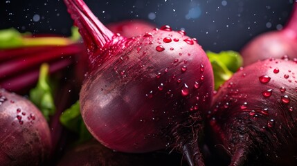 Wall Mural - Pile of fresh beets with glistening droplets of water. Advertising photography. Neural network ai generated art