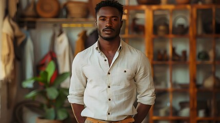 Wall Mural - A man wearing a white shirt stands in front of a wooden cabinet