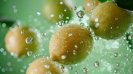 Wall Mural -   Orange cluster with water droplets on a green backdrop featuring leaves and water splashes