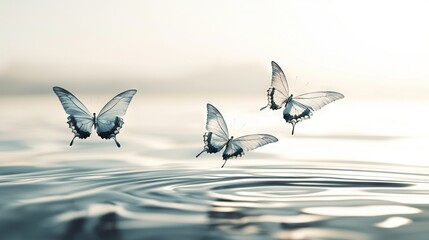   Three butterflies fly above a water body with ripples and a sky backdrop