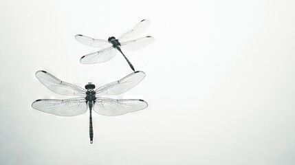 Wall Mural -   A pair of dragonflies perched on a white wall adjacent to a monochrome image of a dragon