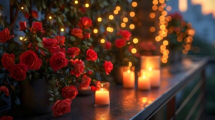 Wall Mural - A balcony with a bunch of red roses and candles