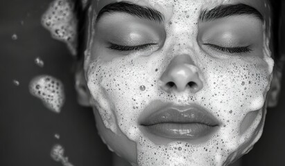 Black-and-white portrait of a beautiful woman with closed eyes, her face covered in soap foam for a facial treatment, a spa concept.