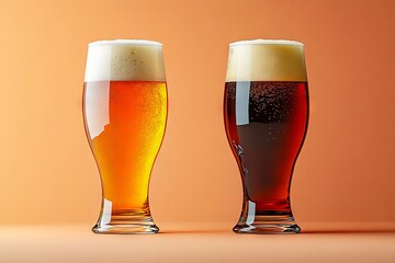 Wall Mural - Two glasses of beer are shown side by side on a table