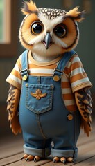 A cute owl wear denim overalls 