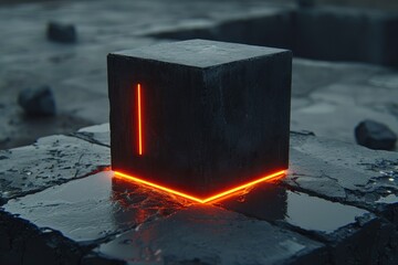 Wall Mural - Glowing Cube on Dark Surface