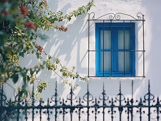 Canvas Print -   A white building with a blue window, wrought-iron fence, and red flower bush in front