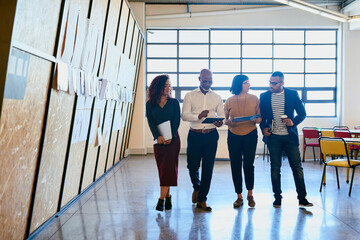 Poster - Business people, technology and meeting in startup for teamwork, research and planning together. Teamwork, tablet and creative agency with digital company project partnership in workplace for media