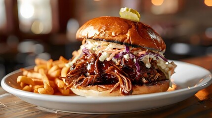 Wall Mural - A plate of a pulled pork sandwich with coleslaw and french fries