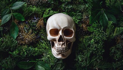 Decorative human skull on dark natural mystery background. magical esoteric ritual. symbol of Halloween, samhain sabbat. Mysticism, divination, wicca, occultism, Witchcraft concept. flat lay