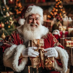 Wall Mural - This delightful scene features a smiling Santa Claus dressed in his traditional attire, surrounded by colorful presents and holiday decor, creating a cozy atmosphere filled with laughter and joy.