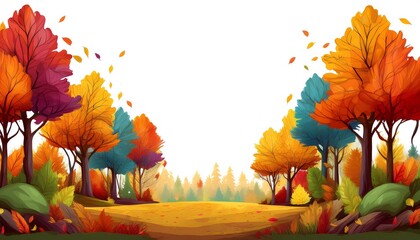 Wall Mural - Autumn Forest Clearing with Copy Space - cartoonish autumn fall forest with lawn. Game design asset. Graphic art illustration background