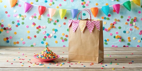 Customizable paper bag template for party decorations with vintage appeal and bold color scheme and playful confetti concept