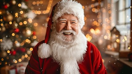 Wall Mural - This delightful scene features a smiling Santa Claus dressed in his traditional attire, surrounded by colorful presents and holiday decor, creating a cozy atmosphere filled with laughter and joy.